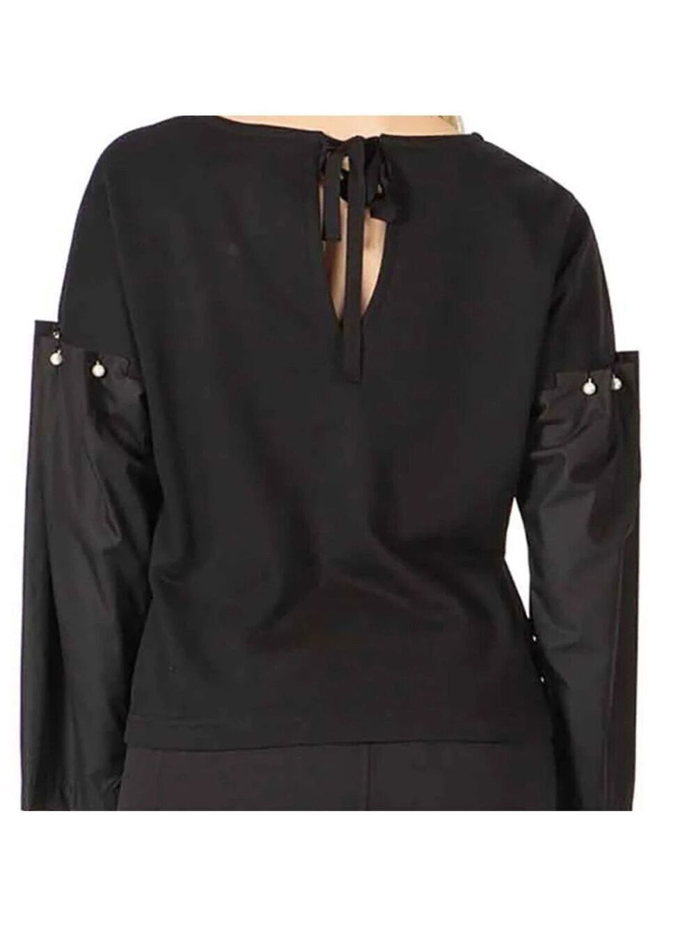NEW-Vertigo Paris Faux Pearl Beaded, Woven Sleeve,Ribbon Tie Neckline Blouse/Top